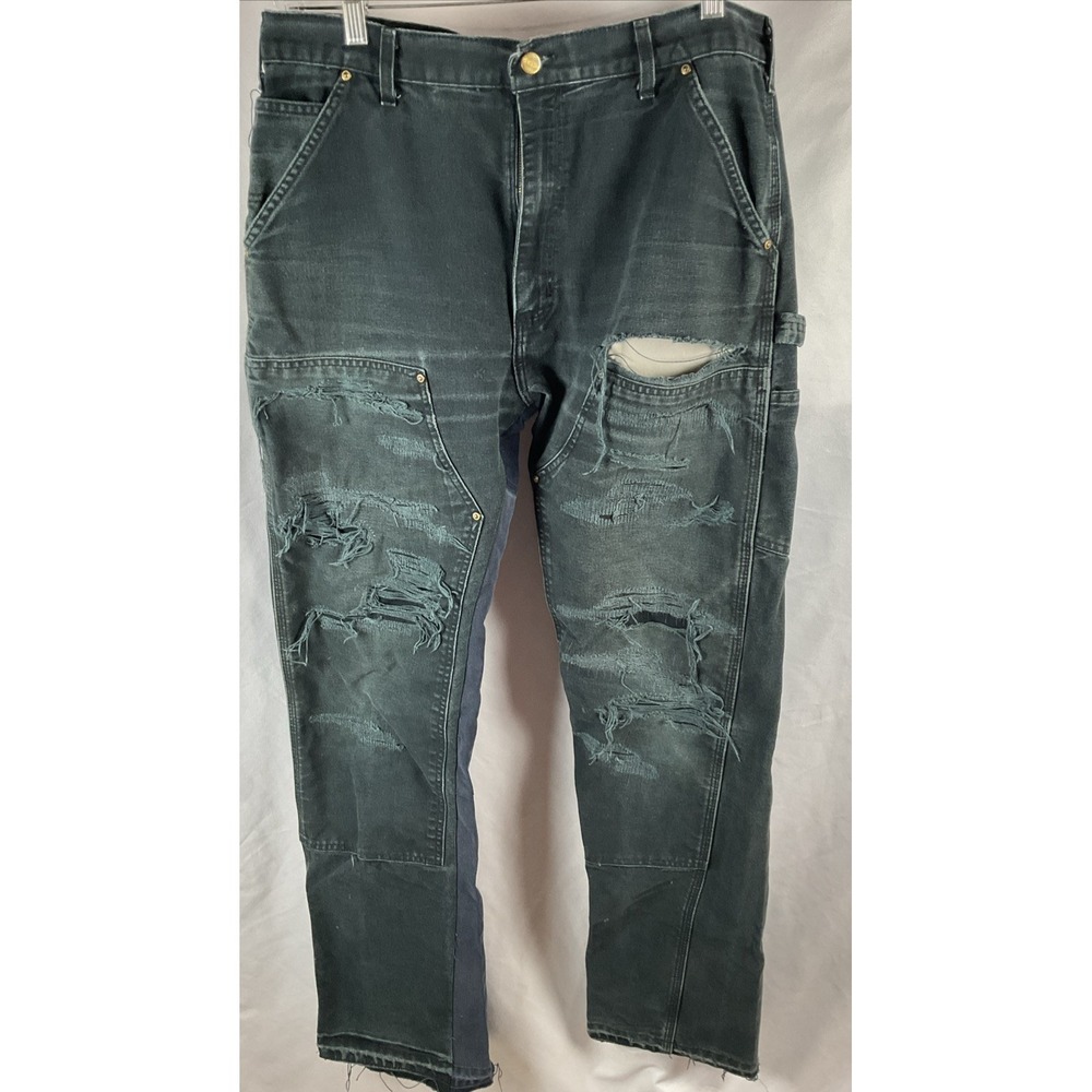 Carhartt Mens Black 36x36 Double Knee Distressed Custom Altered Wide Flare Jeans